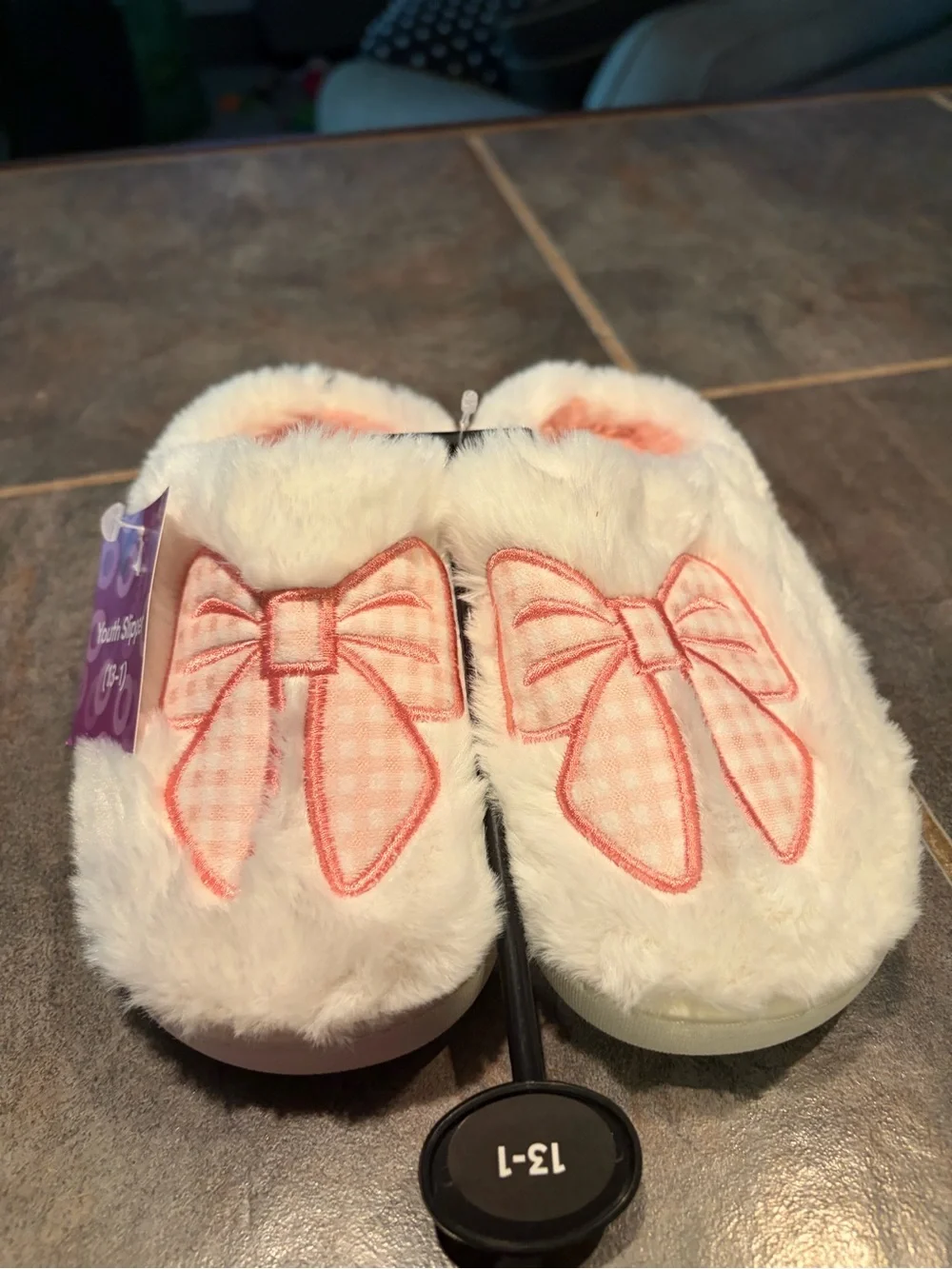 NWT Fuzzy White Slippers with Pink Bow Accent